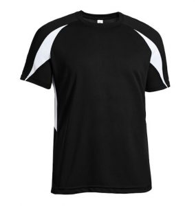 Solid black performance crew neck t-shirt with contrasting white panels on the sleeves and side. From Smack Sportswear.