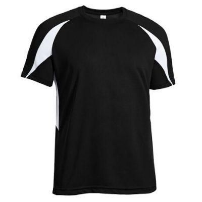 Solid black performance crew neck t-shirt with contrasting white panels on the sleeves and side. From Smack Sportswear.