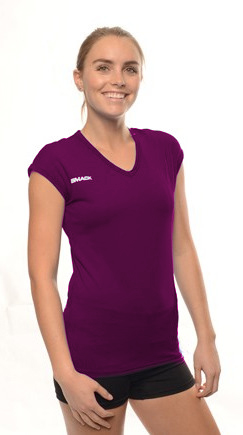 Female in a slim-fitting cap sleeve volleyball jersey. From Smack Sportswear.