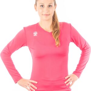 Female in a slim fit, long-sleeve, solid color, v-neck volleyball jersey. From Smack Sportswear.