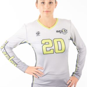 Women’s long sleeve, v-neck, slim fit custom sublimated volleyball jersey. From Smack Sportswear.