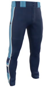 Custom full-length baseball pants side and front view
