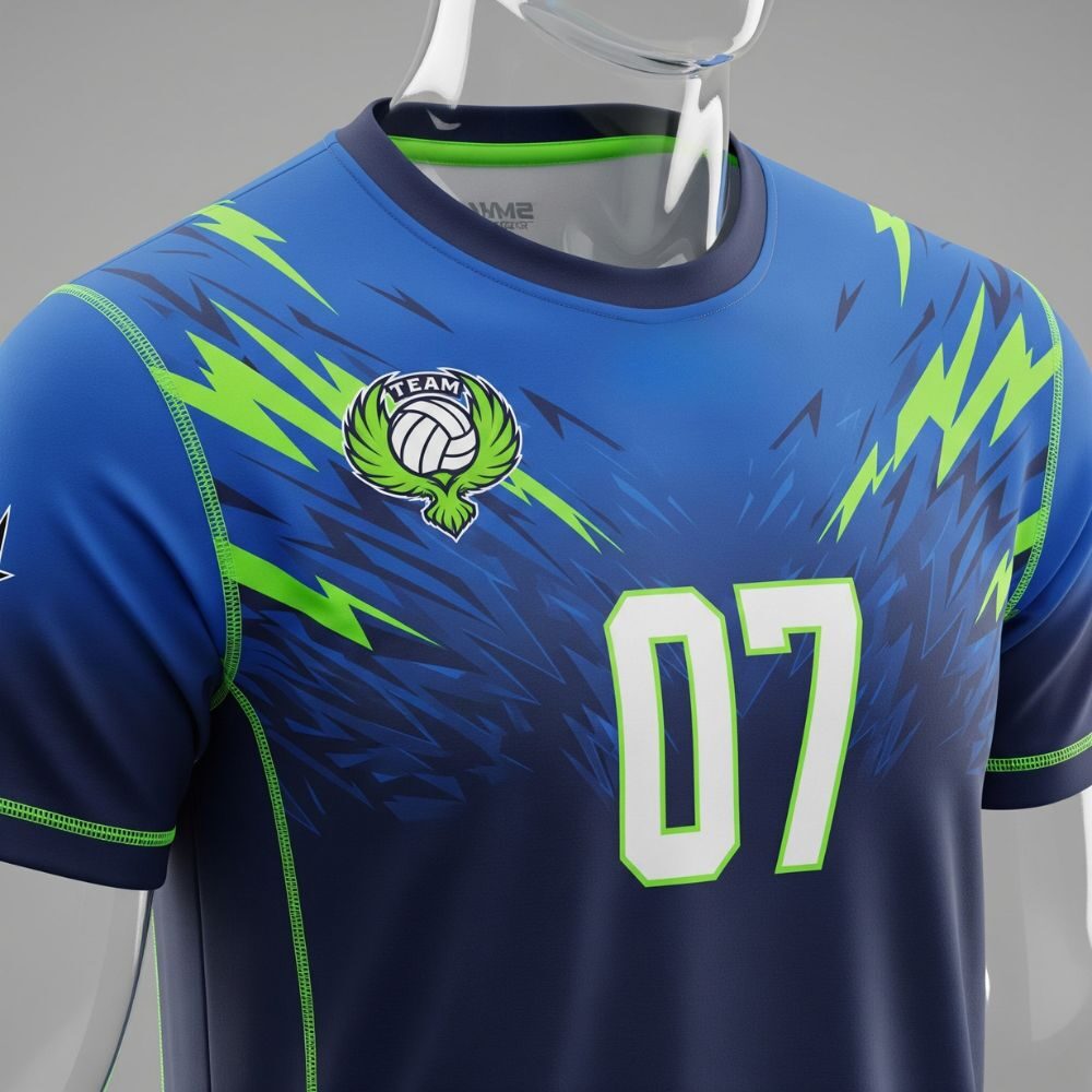 A close-up studio shot of a custom Smack Sportswear volleyball jersey with a creative, intricate design.