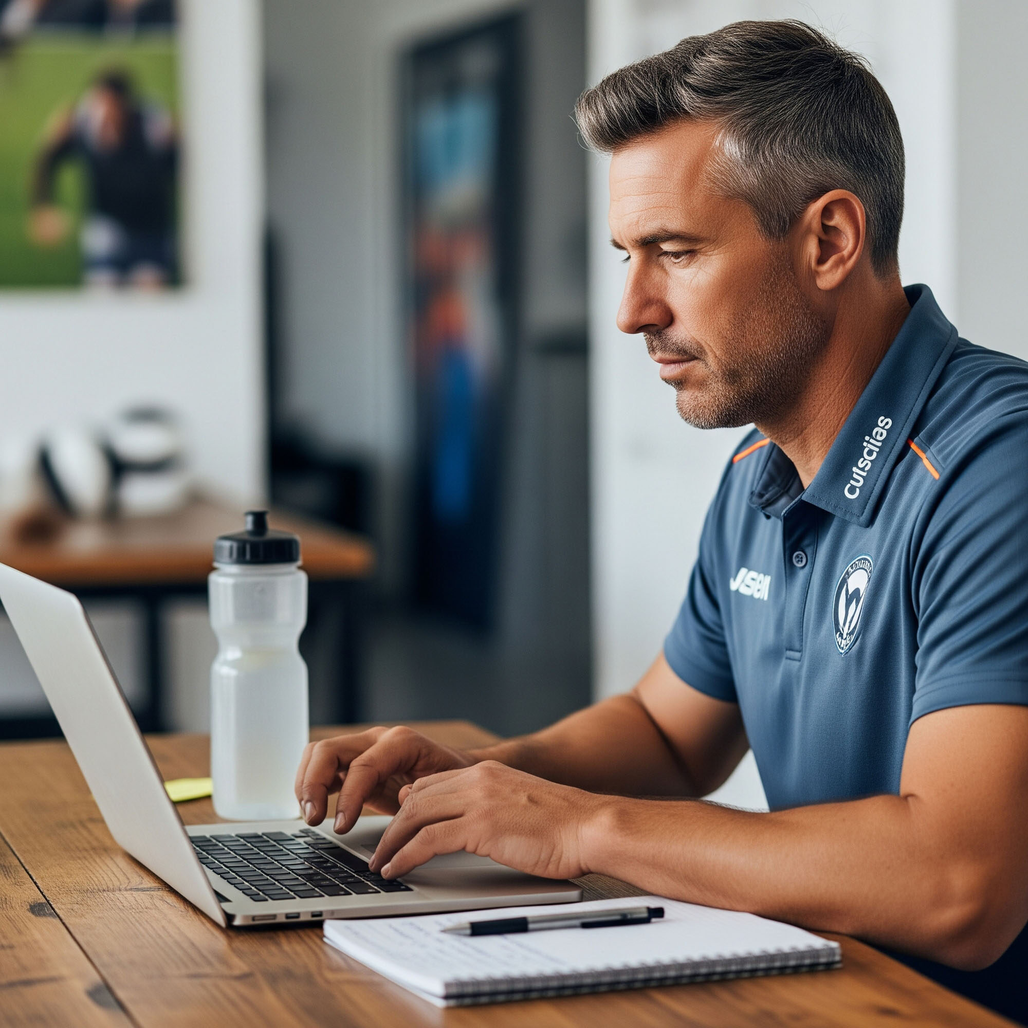 A volleyball coach focused on a laptop screen