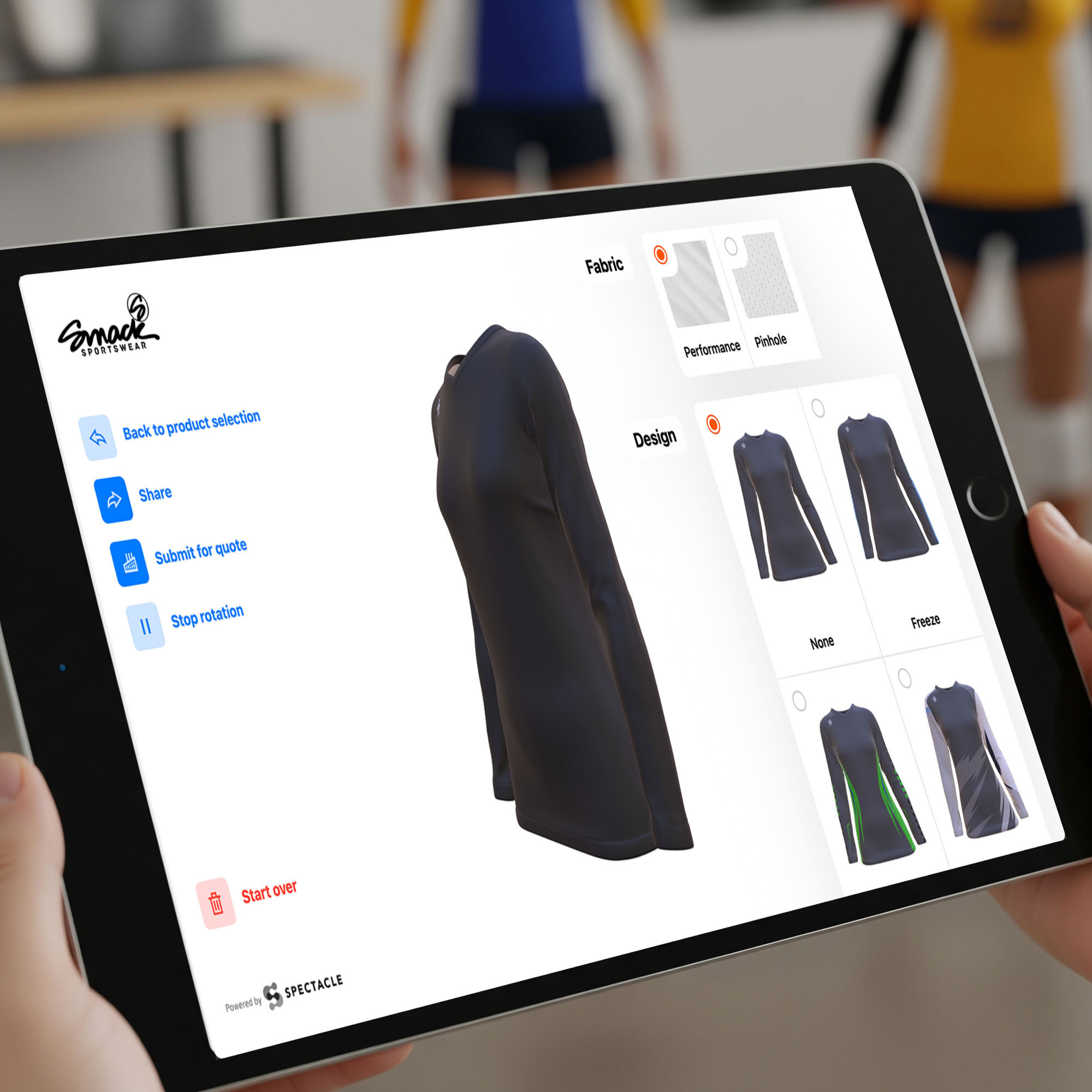 A tablet displaying a user-friendly uniform builder interface, showing a step-by-step design process.